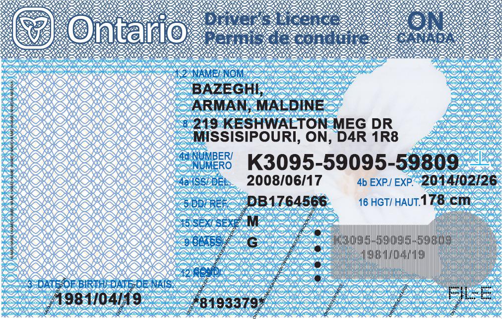 دانلود فایل لایه باز گواهینامه رانندگی انتاریو ، کانادا / Canada , Ontario Driver Licence